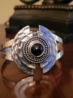Silver Tribal Statement Cuff with Black Stone